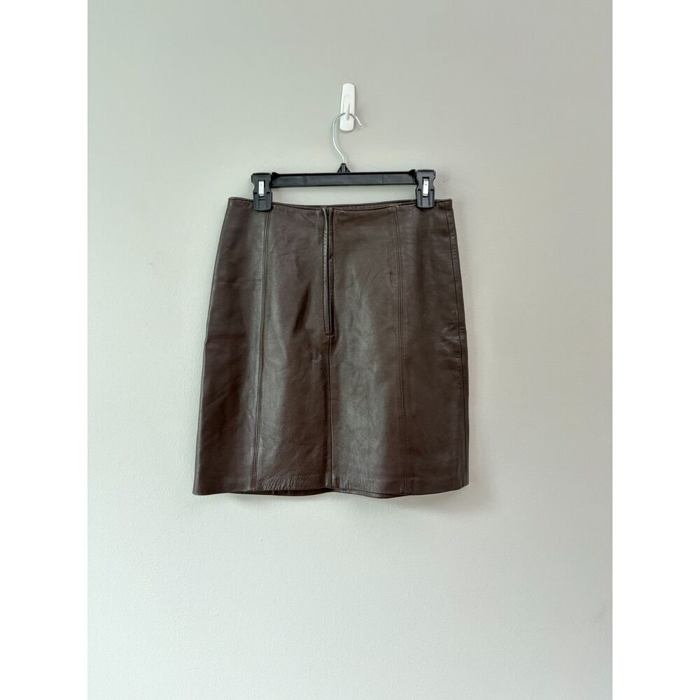 Y2K Vintage 90s Caché Genuine Brown Leather Pencil Mini Skirt High Waist Sz 10